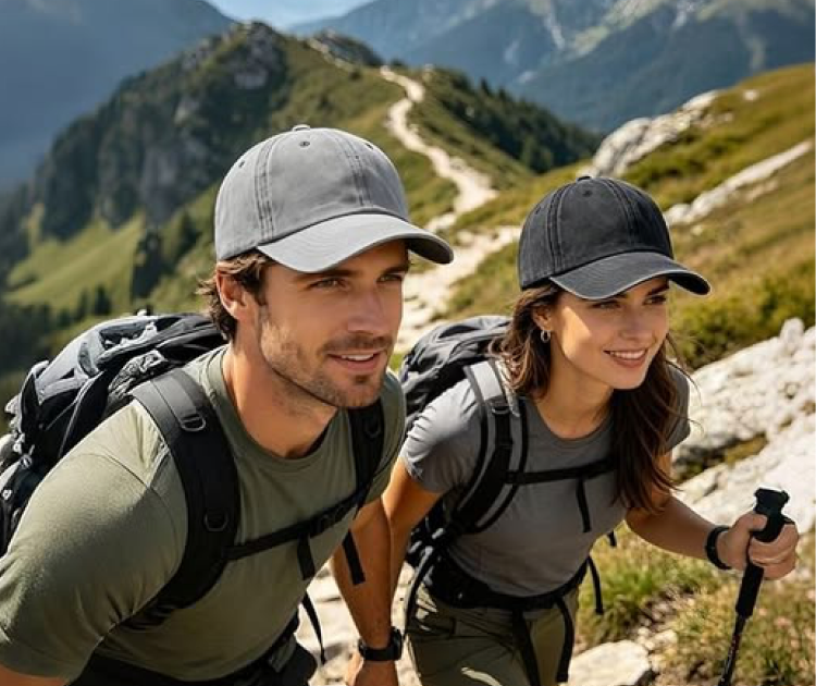 Two hikers looking back from a mountain trail